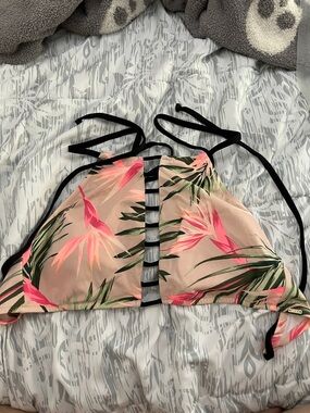PINK Victoria's Secret Pink Tropical Halter Bikini Top with Black Straps